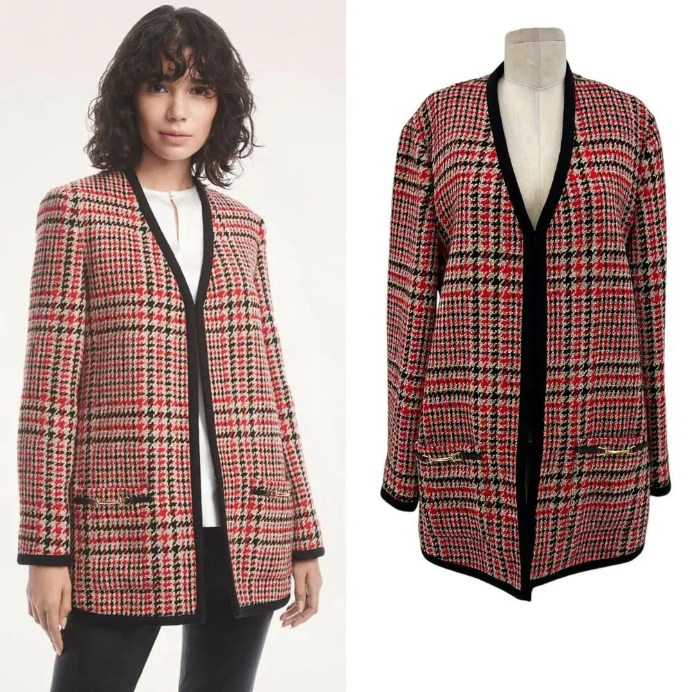 Brooks Brothers Wool Blend Tartan Cardigan Tunic Blazer Red Black Plaid Size 14